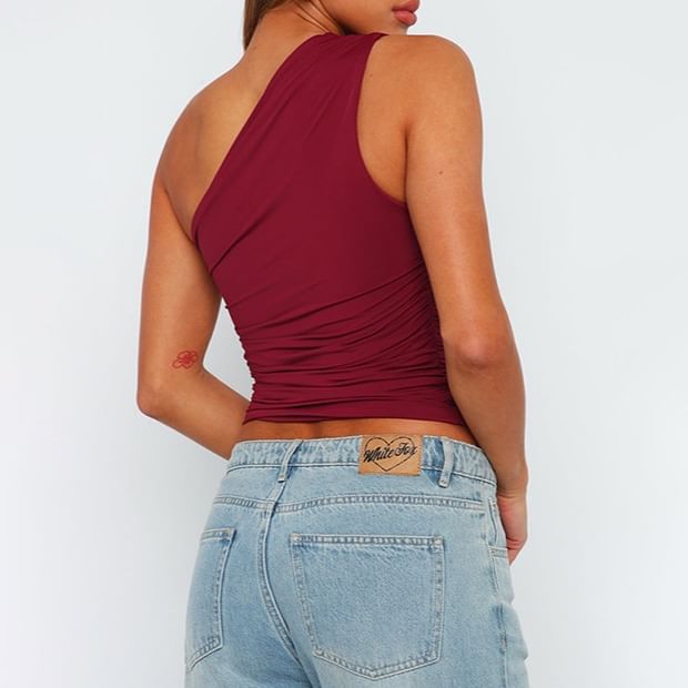 Plain Ruched One-Shoulder Sleeveless Top