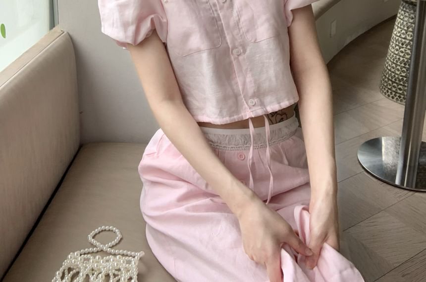 Beaded Contrast-Collar Drawstring Puff-Sleeved Crop Blouse / Lace Paneled High-Rise Wide-Leg Pants