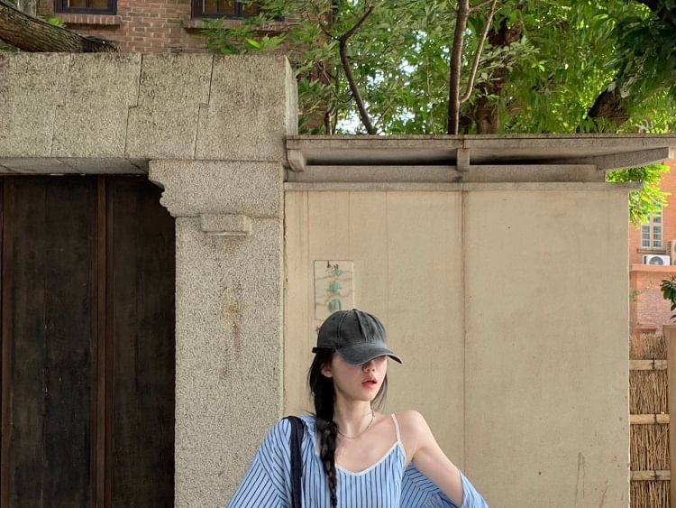 Striped Crop Cami Top / Long-Sleeved Collared Shirt / Plain High-Rise Baggy Pants / Set