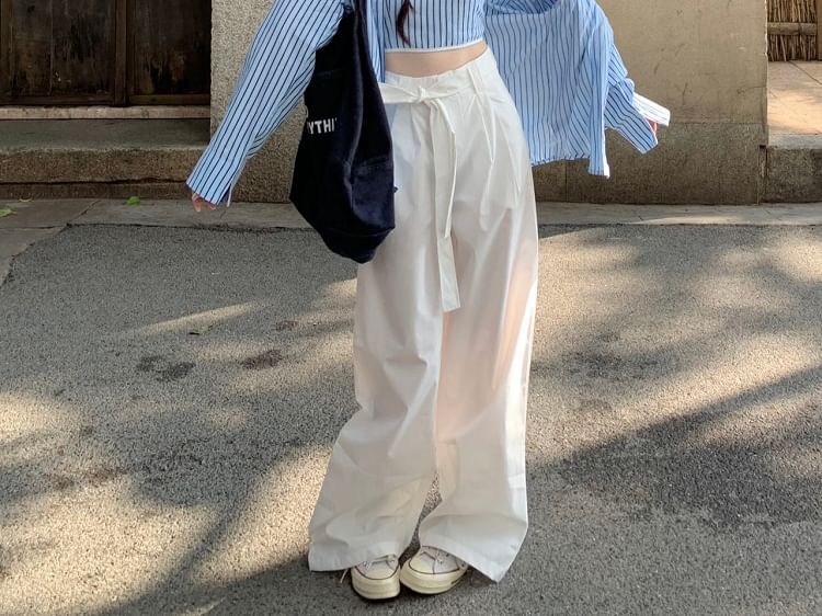 Striped Crop Cami Top / Long-Sleeved Collared Shirt / Plain High-Rise Baggy Pants / Set