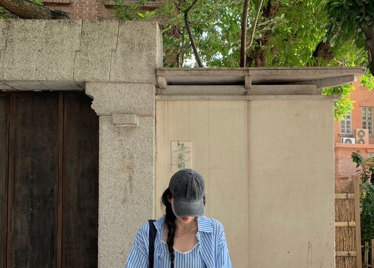 Striped Crop Cami Top / Long-Sleeved Collared Shirt / Plain High-Rise Baggy Pants / Set