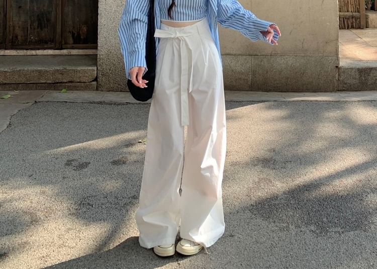 Striped Crop Cami Top / Long-Sleeved Collared Shirt / Plain High-Rise Baggy Pants / Set