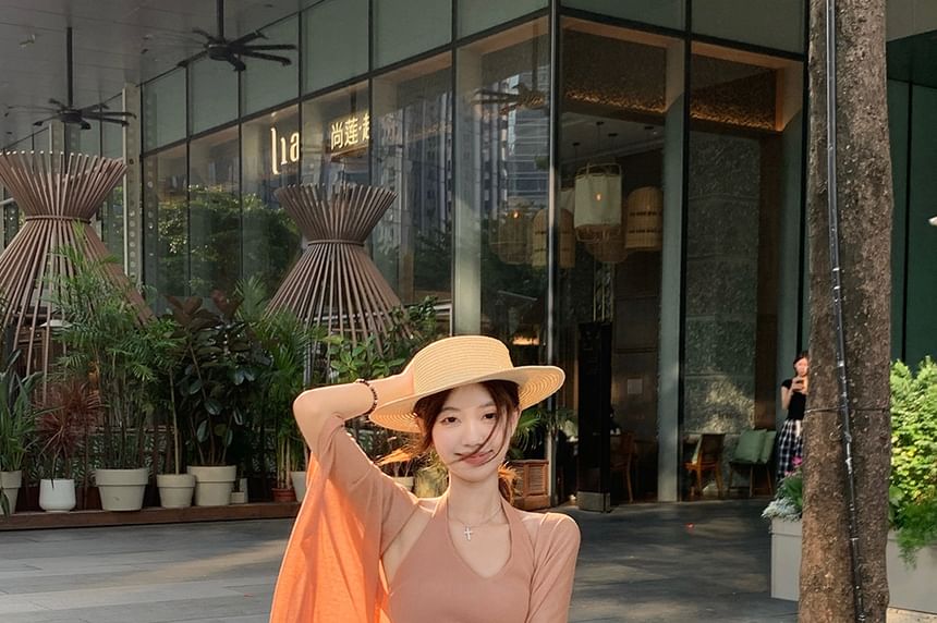 Plain Ribbed Knit Halter Top / Drawstring Maxi A-Line Skirt / Open Cardigan