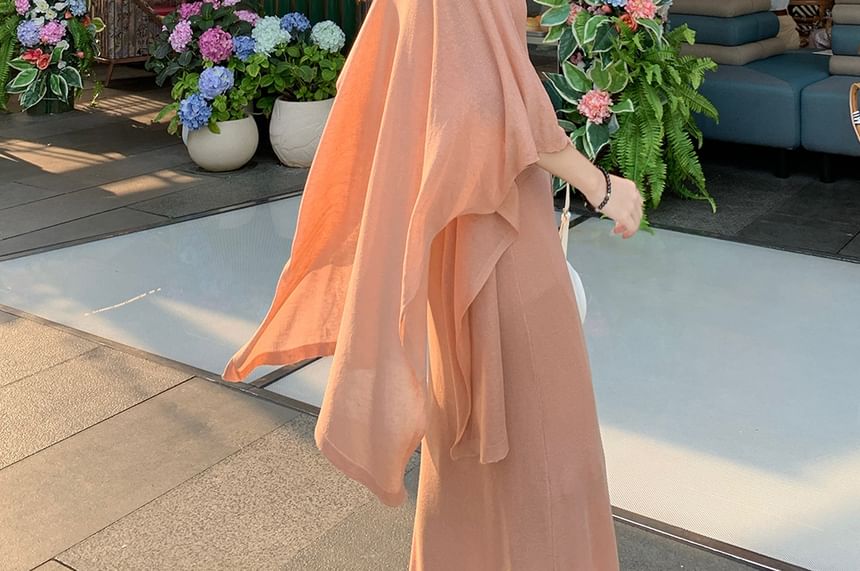 Plain Ribbed Knit Halter Top / Drawstring Maxi A-Line Skirt / Open Cardigan