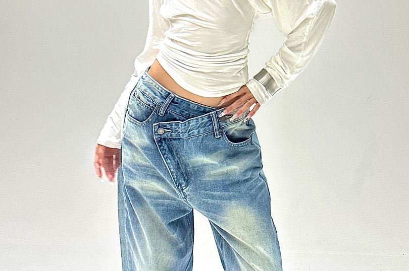 Plain Shirred Cold-Shoulder Long-Sleeved T-Shirt