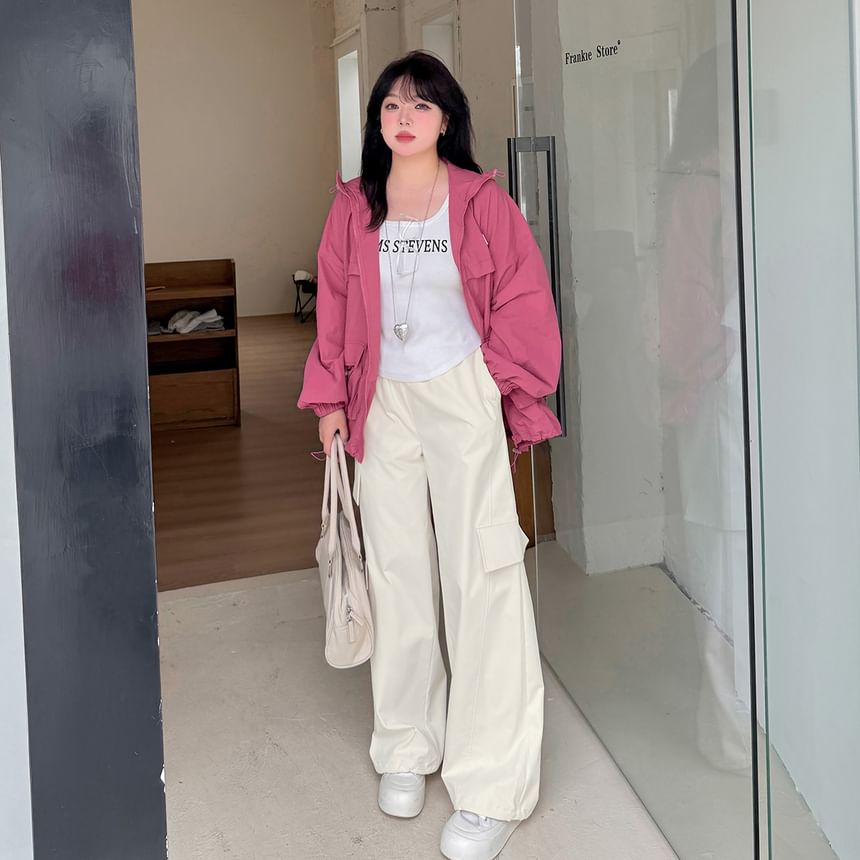 [XL-4XL] High Rise Plain Wide Leg Cargo Pants