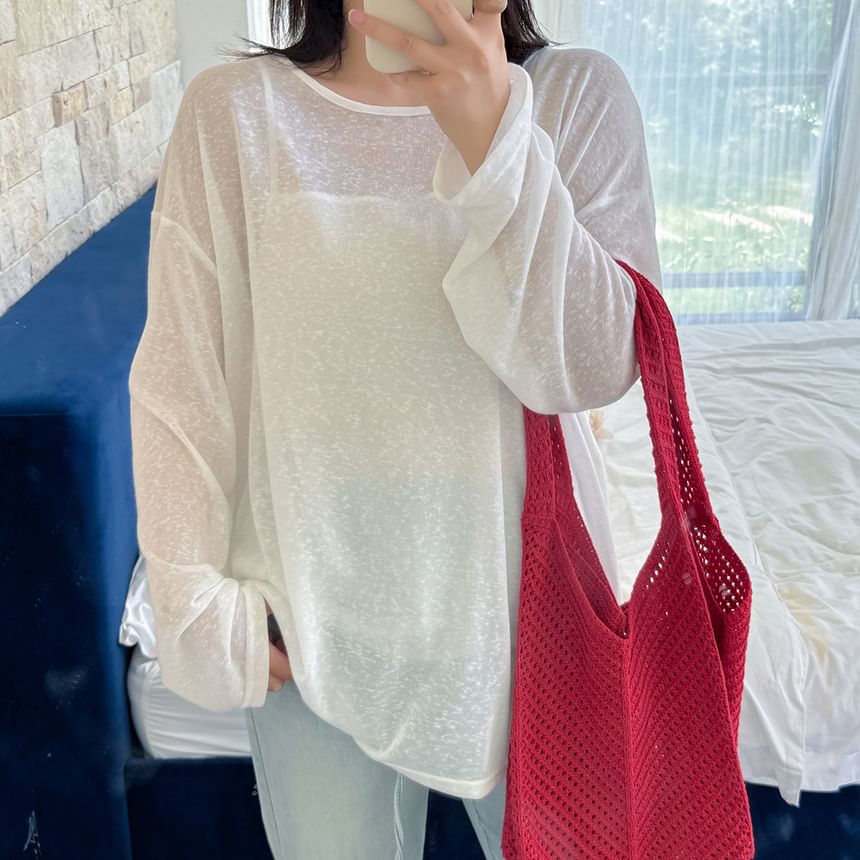 Plain Open-Back Round-Neck Long-Sleeved Tee [2XL-4XL]
