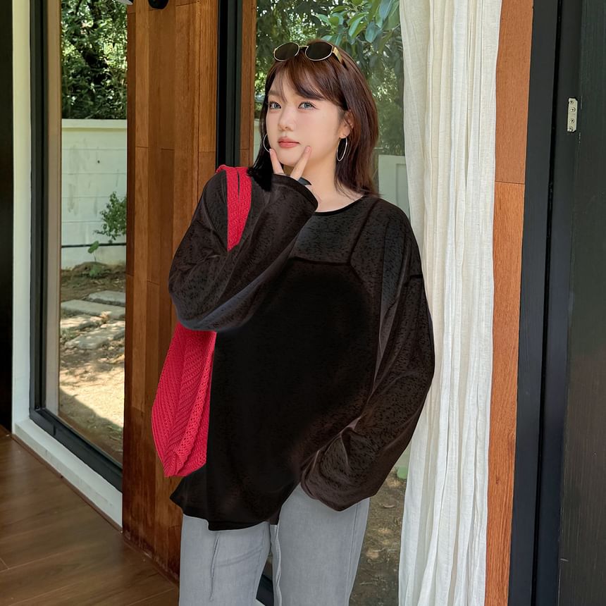 Plain Open-Back Round-Neck Long-Sleeved Tee [2XL-4XL]
