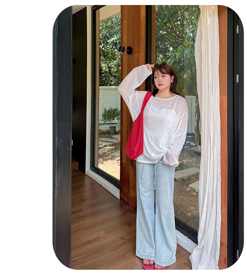 Plain Open-Back Round-Neck Long-Sleeved Tee [2XL-4XL]