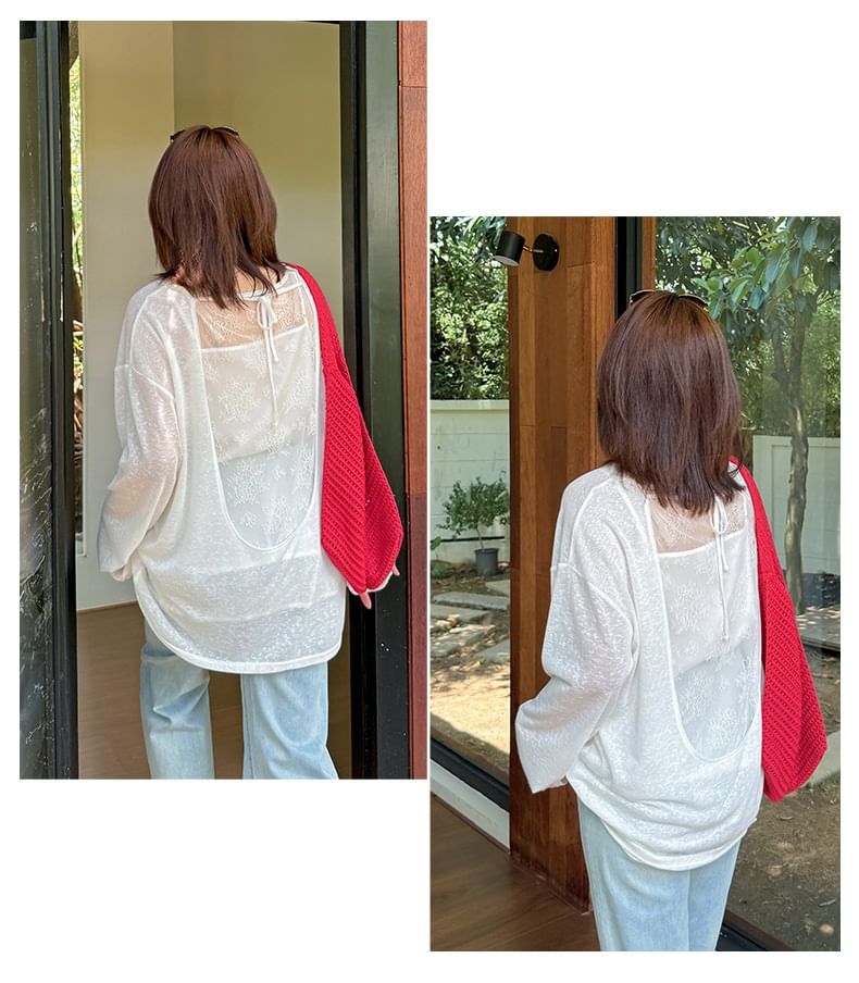 Plain Open-Back Round-Neck Long-Sleeved Tee [2XL-4XL]