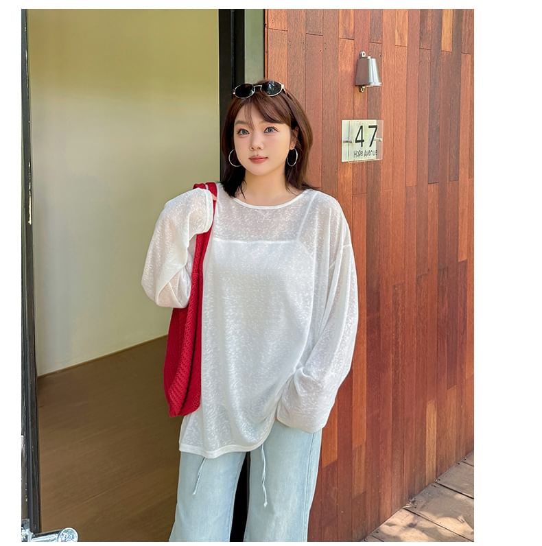 Plain Open-Back Round-Neck Long-Sleeved Tee [2XL-4XL]