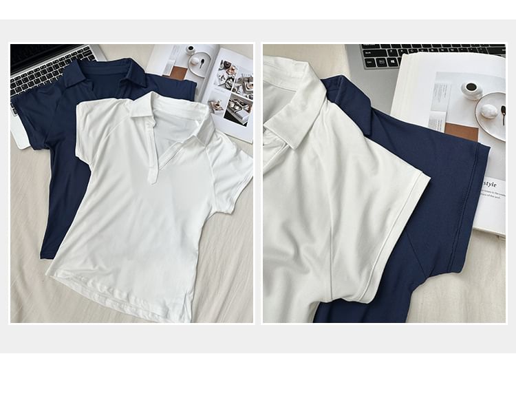 Plain Slim-Fit V-Neck Short-Sleeved Polo Shirt