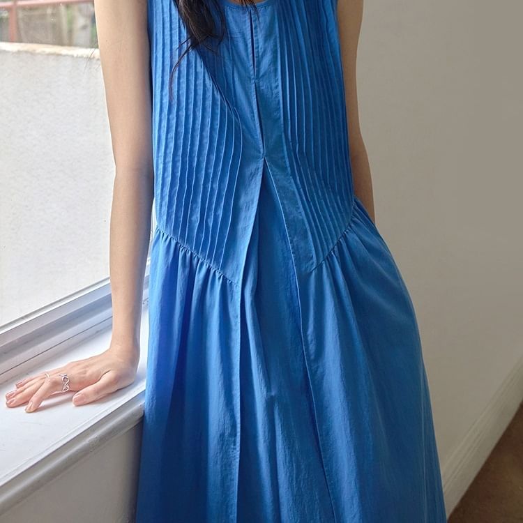 Plain Pintuck Crew-Neck Sleeveless Midi Tunic Dress