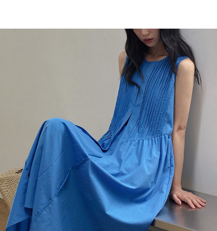 Plain Pintuck Crew-Neck Sleeveless Midi Tunic Dress
