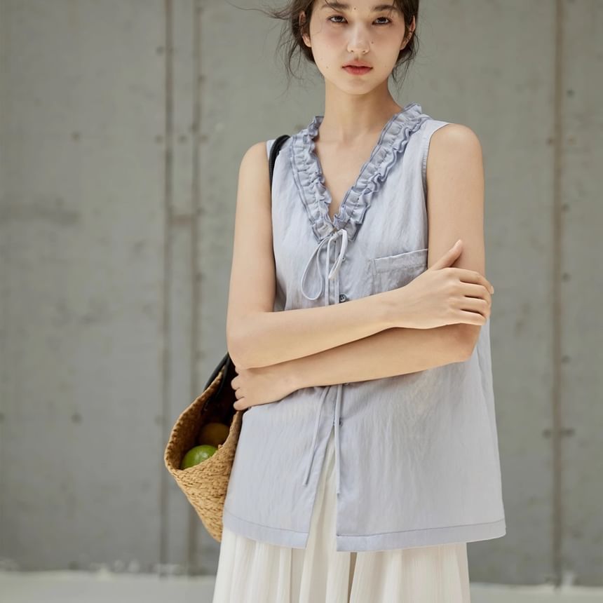 Plain Button-Up Frill-Trim V-Neck Sleeveless Blouse