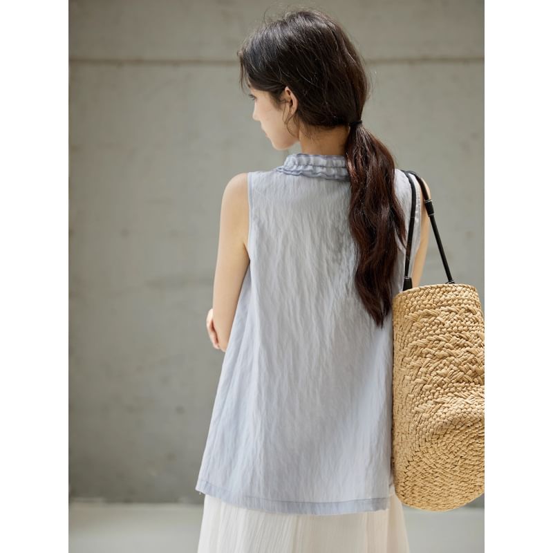 Plain Button-Up Frill-Trim V-Neck Sleeveless Blouse