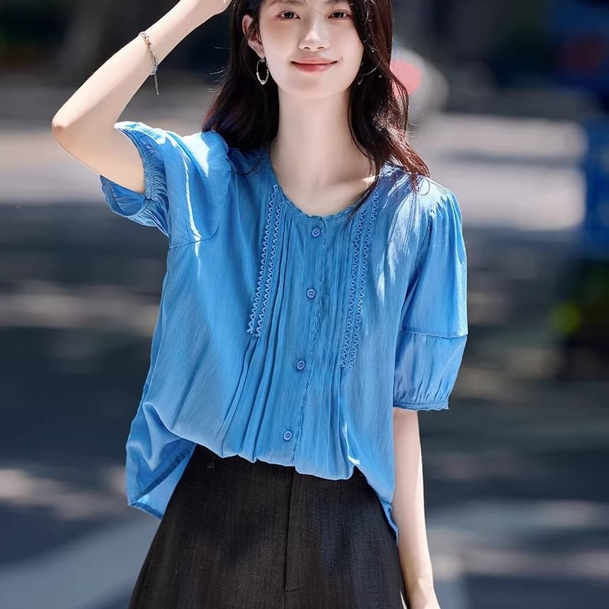 Plain Pintuck Button-Up Crew-Neck Elbow-Sleeved Blouse