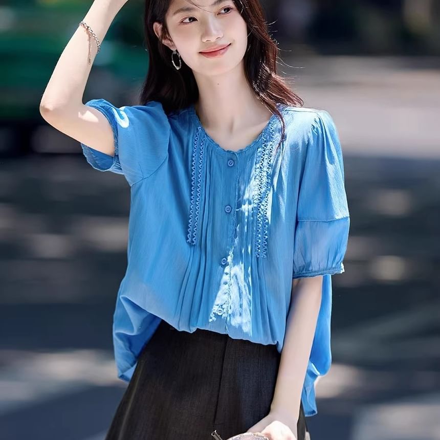 Plain Pintuck Button-Up Crew-Neck Elbow-Sleeved Blouse