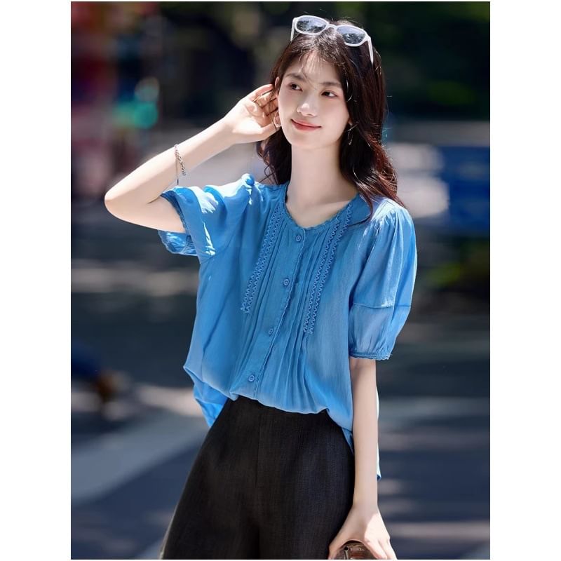 Plain Pintuck Button-Up Crew-Neck Elbow-Sleeved Blouse