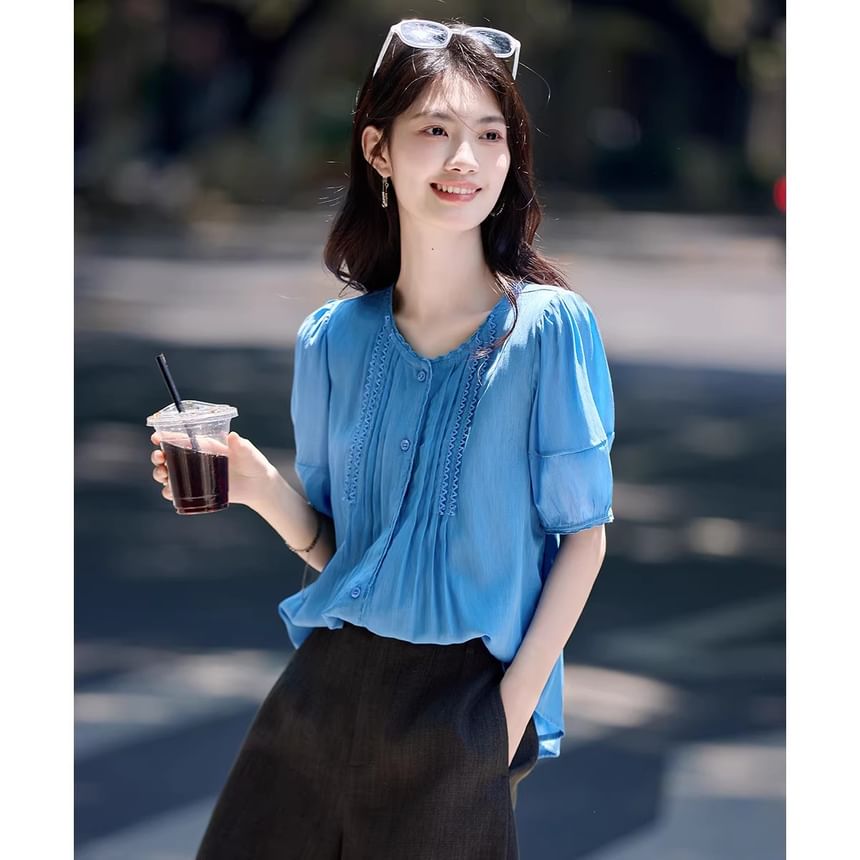 Plain Pintuck Button-Up Crew-Neck Elbow-Sleeved Blouse