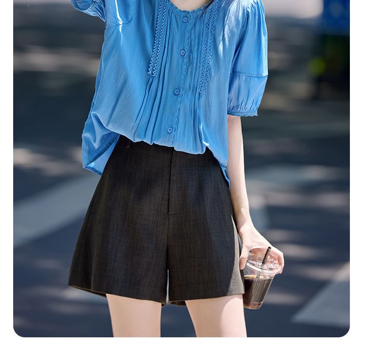 Plain Pintuck Button-Up Crew-Neck Elbow-Sleeved Blouse