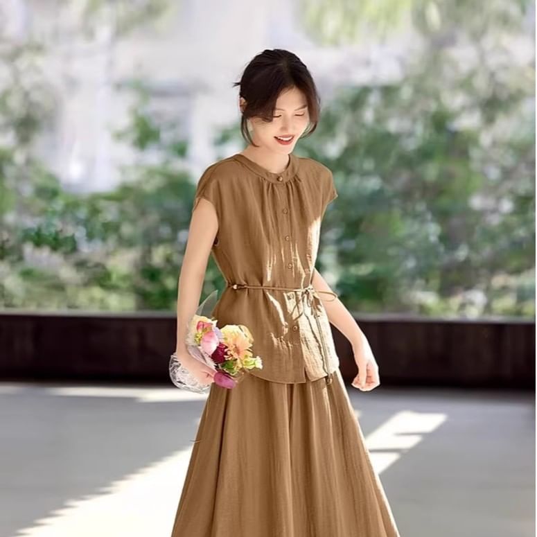 Set: Plain Button-Up Stand-Collar Cap-Sleeved Blouse + High-Waisted Midi A-Line Skirt