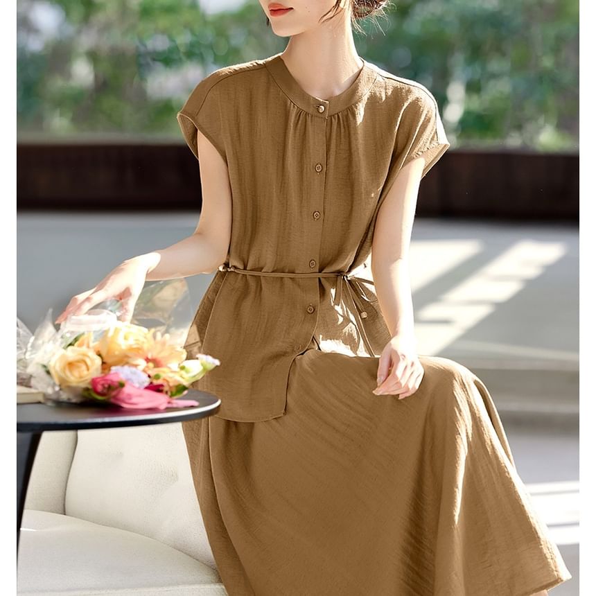 Set: Plain Button-Up Stand-Collar Cap-Sleeved Blouse + High-Waisted Midi A-Line Skirt