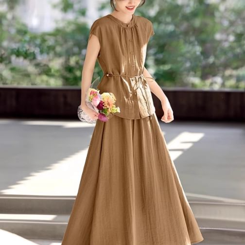 Set: Plain Button-Up Stand-Collar Cap-Sleeved Blouse + High-Waisted Midi A-Line Skirt