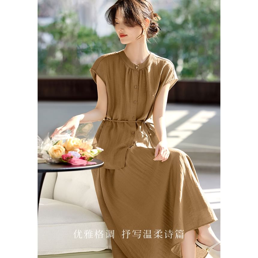 Set: Plain Button-Up Stand-Collar Cap-Sleeved Blouse + High-Waisted Midi A-Line Skirt