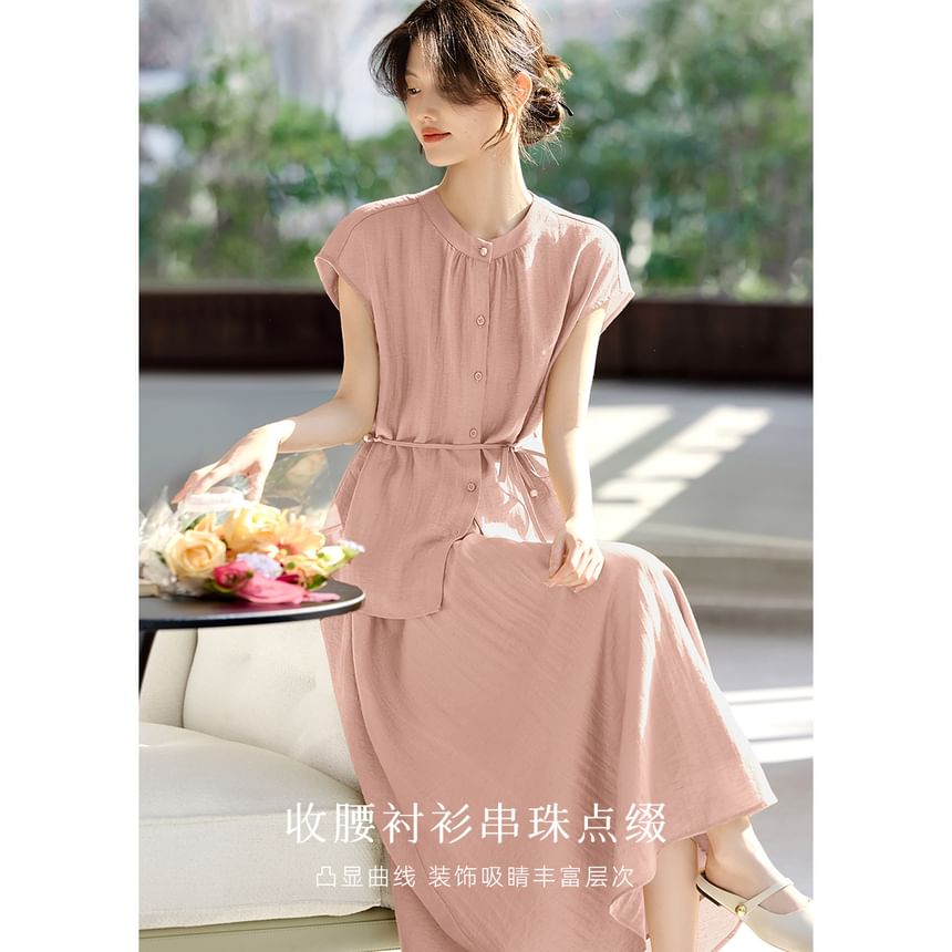 Set: Plain Button-Up Stand-Collar Cap-Sleeved Blouse + High-Waisted Midi A-Line Skirt