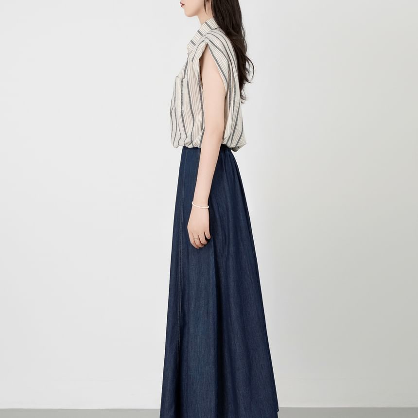 Set: Striped Collared Drawstring Button-Up Cap-Sleeved Crop Blouse + Denim High-Waisted Midi A-Line Skirt