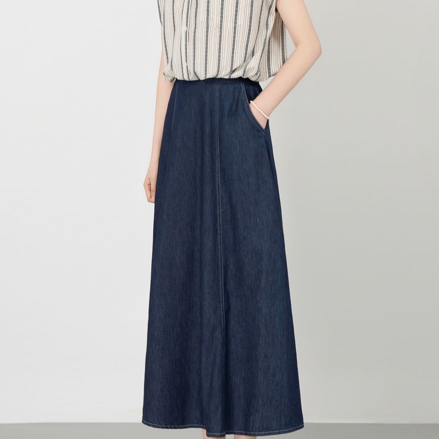 Set: Striped Collared Drawstring Button-Up Cap-Sleeved Crop Blouse + Denim High-Waisted Midi A-Line Skirt