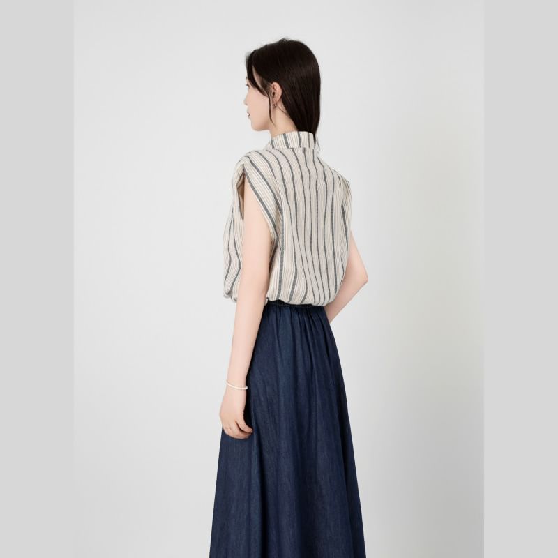 Set: Striped Collared Drawstring Button-Up Cap-Sleeved Crop Blouse + Denim High-Waisted Midi A-Line Skirt