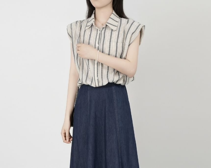 Set: Striped Collared Drawstring Button-Up Cap-Sleeved Crop Blouse + Denim High-Waisted Midi A-Line Skirt