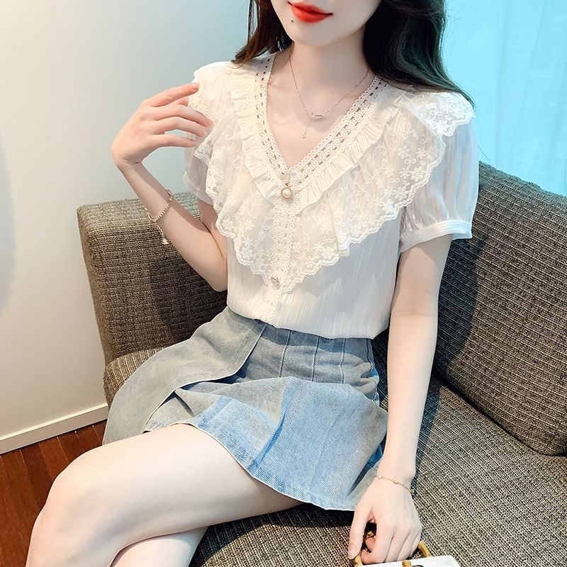 Lace Paneled Ruffled Button-Up V-Neck Short-Sleeved Blouse