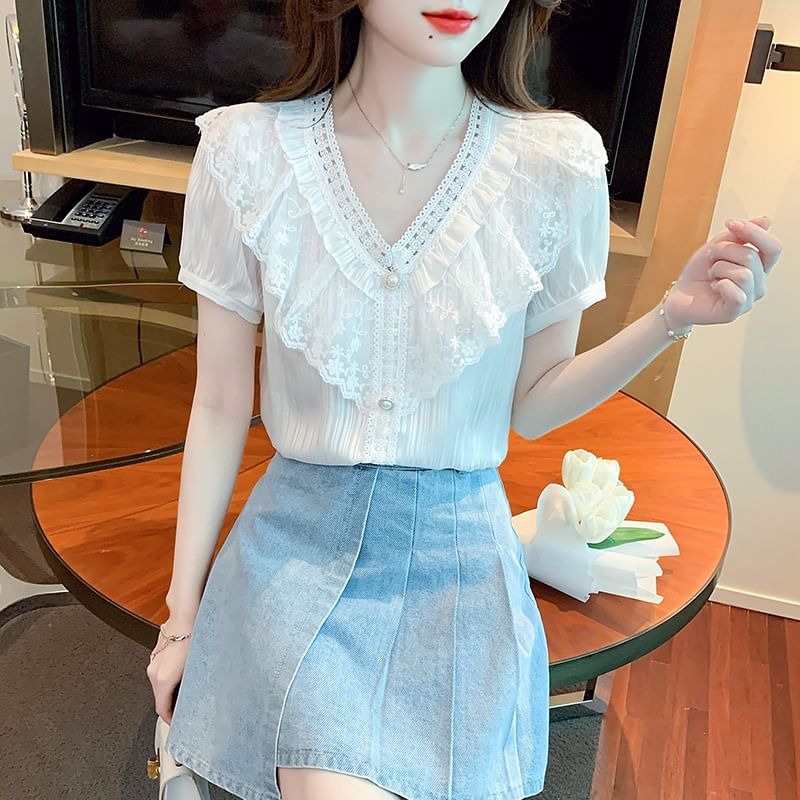 Lace Paneled Ruffled Button-Up V-Neck Short-Sleeved Blouse