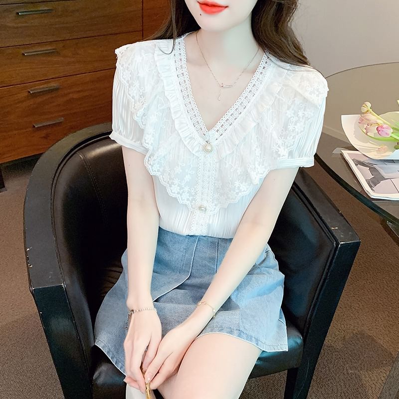 Lace Paneled Ruffled Button-Up V-Neck Short-Sleeved Blouse
