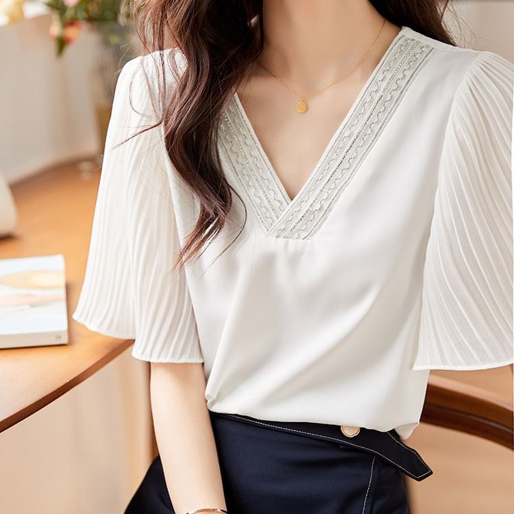 Sheer Paneled Accordion-Pleated V-Neck Short-Sleeved Blouse