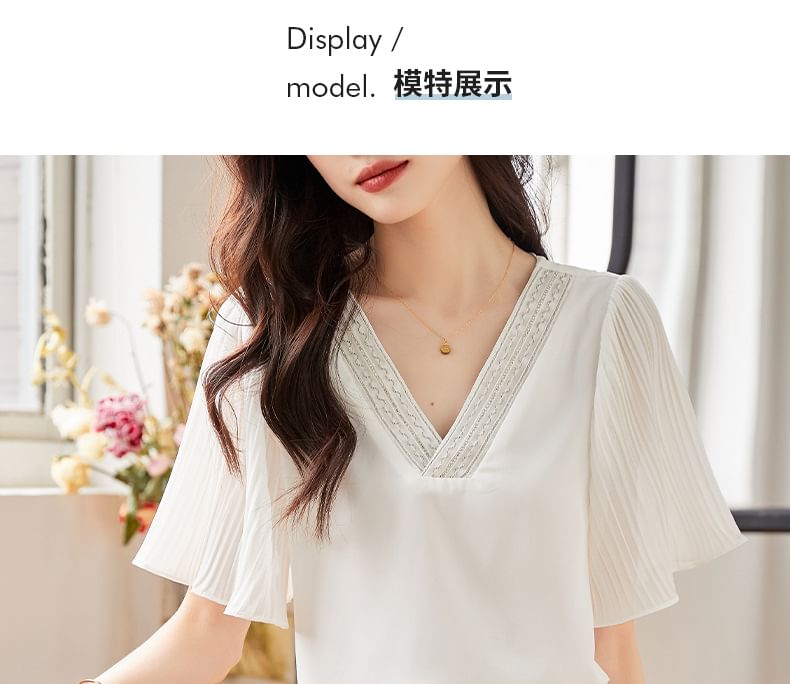 Sheer Paneled Accordion-Pleated V-Neck Short-Sleeved Blouse