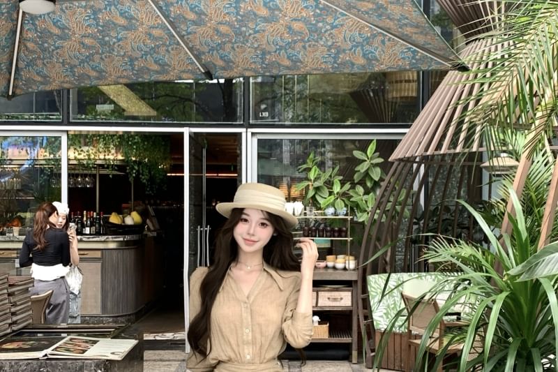 Plain Collared Button-Up V-Neck Long-Sleeved Blouse / High-Waisted A-Line Skirt (Various Designs)