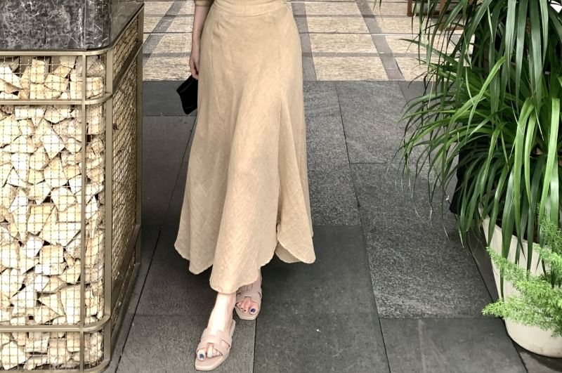 Plain Collared Button-Up V-Neck Long-Sleeved Blouse / High-Waisted A-Line Skirt (Various Designs)