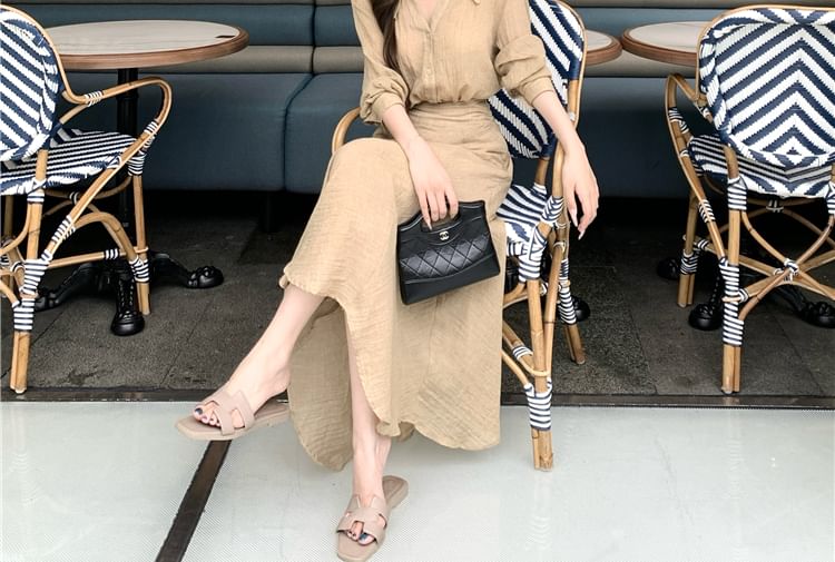 Plain Collared Button-Up V-Neck Long-Sleeved Blouse / High-Waisted A-Line Skirt (Various Designs)