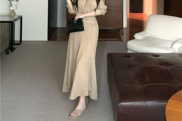 Plain Collared Button-Up V-Neck Long-Sleeved Blouse / High-Waisted A-Line Skirt (Various Designs)