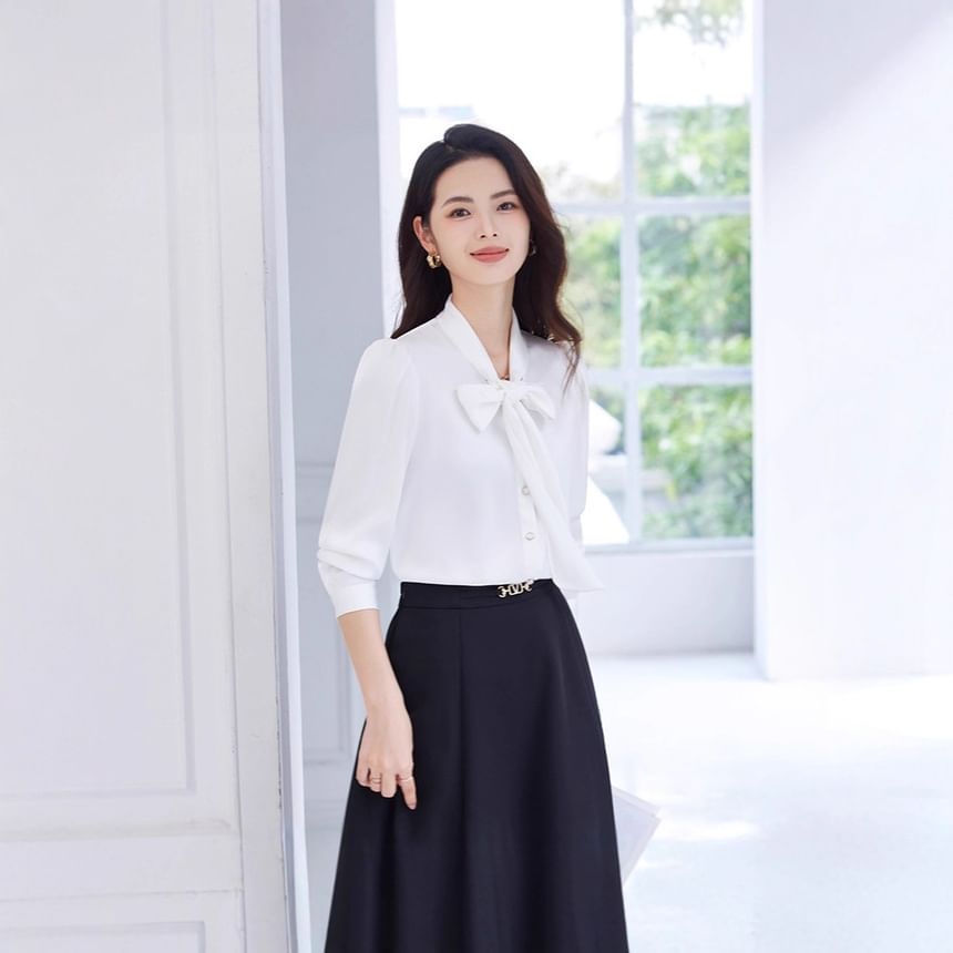 Plain Tie-Neck Long-Sleeved Blouse / High-Waisted Midi A-Line Skirt