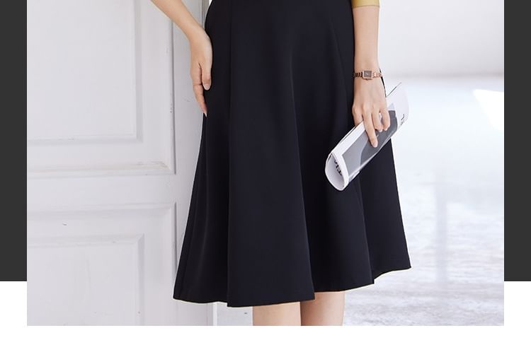 Plain Tie-Neck Long-Sleeved Blouse / High-Waisted Midi A-Line Skirt