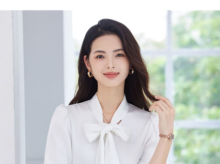 Plain Tie-Neck Long-Sleeved Blouse / High-Waisted Midi A-Line Skirt
