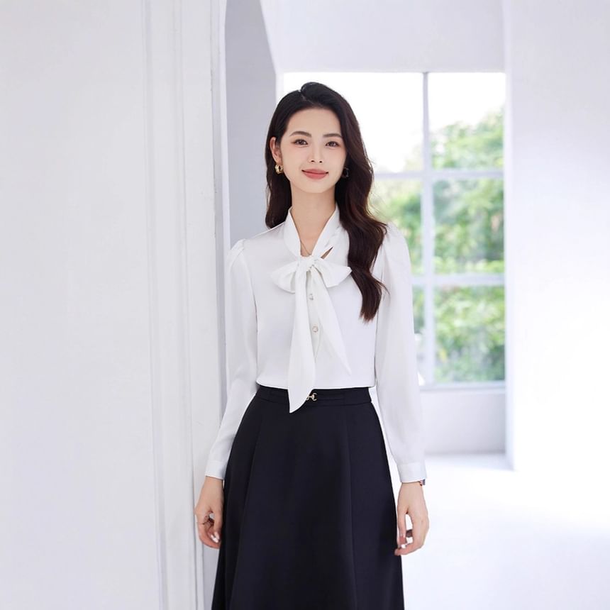 Set: Plain Tie-Neck Long-Sleeved Blouse + High-Rise Midi A-Line Skirt