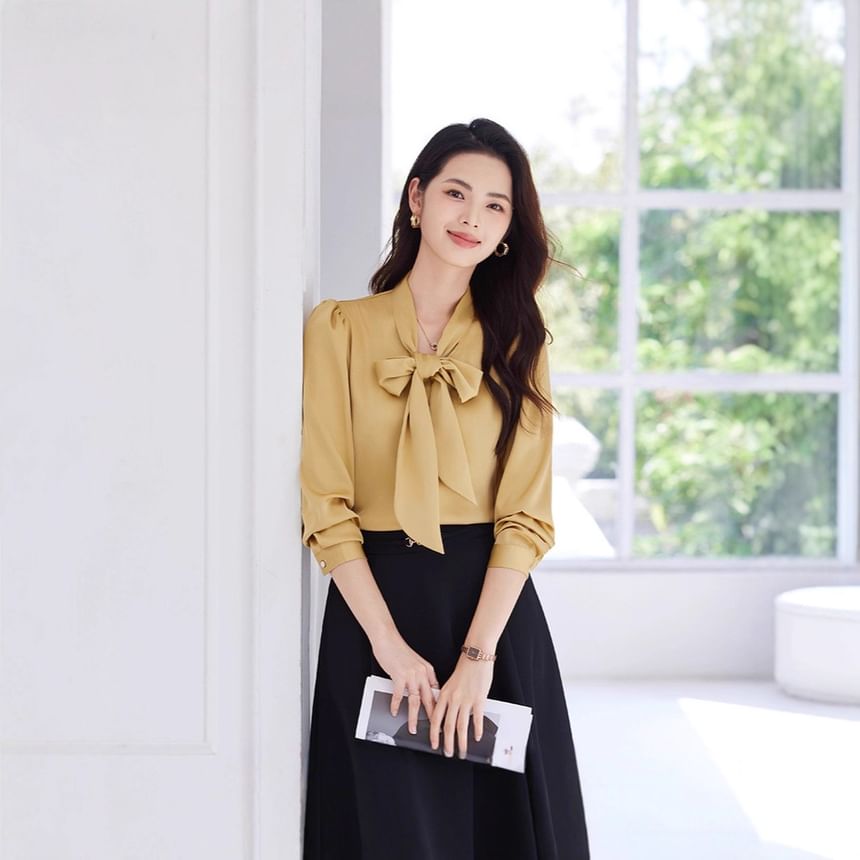 Set: Plain Tie-Neck Long-Sleeved Blouse + High-Rise Midi A-Line Skirt