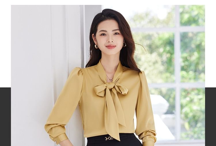 Set: Plain Tie-Neck Long-Sleeved Blouse + High-Rise Midi A-Line Skirt