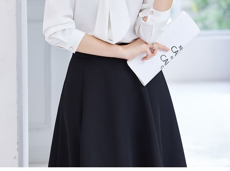 Set: Plain Tie-Neck Long-Sleeved Blouse + High-Rise Midi A-Line Skirt